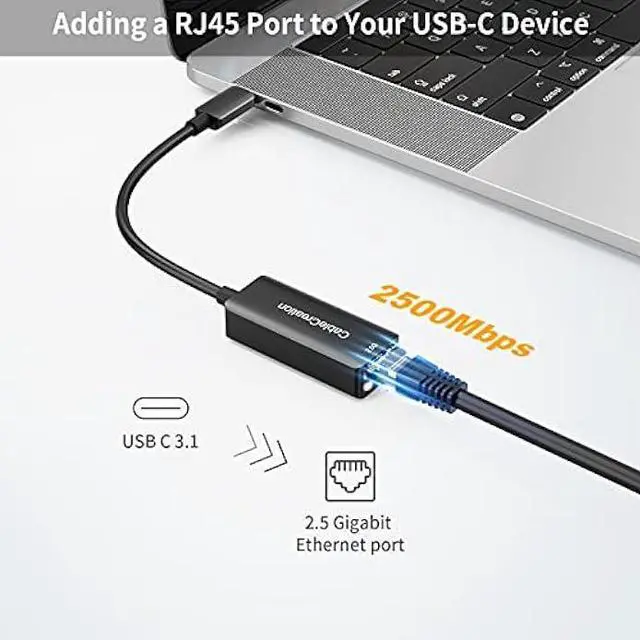 Alt view image 2 of 7 - CableCreation USB C to 2.5G Ethernet Adapter, USB C 3.1 to RJ45 2.5 Gigabit LAN Thunderbolt 3, Compatible with MacBook Pro MacBook Air iPad Pro Surface Pro 7 Dell XP15 13 Chromebook Windows Mac OS