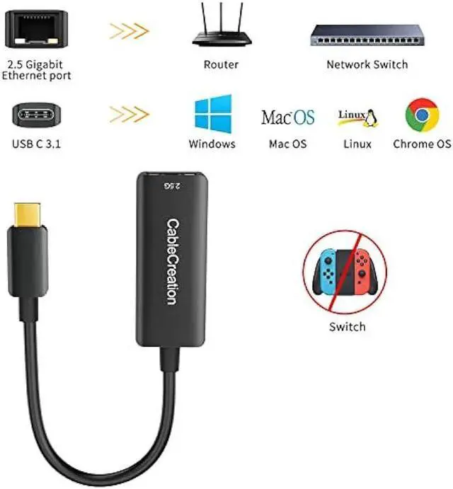 Alt view image 4 of 7 - CableCreation USB C to 2.5G Ethernet Adapter, USB C 3.1 to RJ45 2.5 Gigabit LAN Thunderbolt 3, Compatible with MacBook Pro MacBook Air iPad Pro Surface Pro 7 Dell XP15 13 Chromebook Windows Mac OS