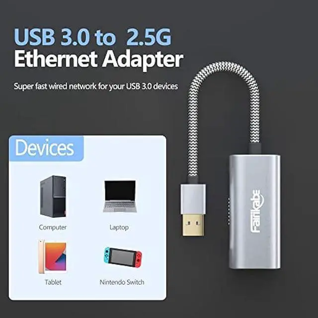 Alt view image 7 of 7 - 2.5G USB to Ethernet Adapter, Fairikabe USB 3.0 to RJ45 Ethernet Adapter, Gigabit LAN Adapter for Nintendo Switch, Xbox 360, Laptop, Computer, Mac, Chromebook, Microsoft Surface