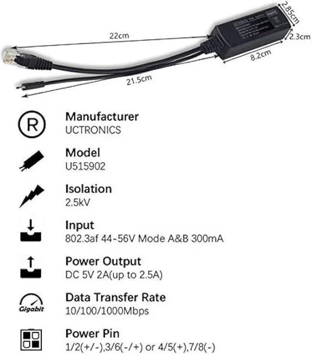 Alt view image 4 of 6 - UCTRONICS PoE Splitter Gigabit 5V - Micro USB Power and Ethernet to Raspberry Pi 3B+, Work with Echo Dot, Most Micro USB Security Camera and Tablet - IEEE 802.3af Compliant