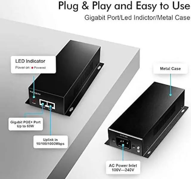 Alt view image 3 of 6 - YuLinca Gigabit PoE+ Injector, 60W 802.3af/at/bt, 1000Mbps, Plug & Play, Desktop/Wall-Mount Metal, Distance Up to 100 Meters (328 ft.)