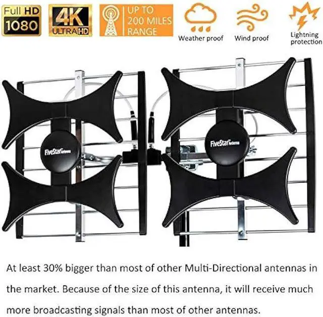 Alt view image 2 of 5 - Five Star Multi-Directional 4V HDTV Amplified Antenna - up to 200 Mile Range, UHF/VHF, Indoor, Attic, Outdoor, 4K Ready 1080P FM w/ 40ft RG6 coaxial Cable, Mounting Pole