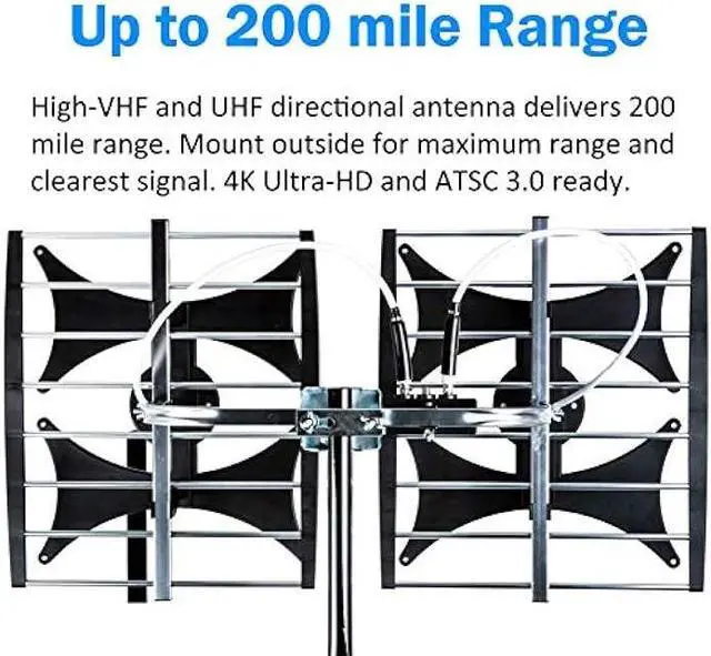 Alt view image 3 of 5 - Five Star Multi-Directional 4V HDTV Amplified Antenna - up to 200 Mile Range, UHF/VHF, Indoor, Attic, Outdoor, 4K Ready 1080P FM w/ 40ft RG6 coaxial Cable, Mounting Pole