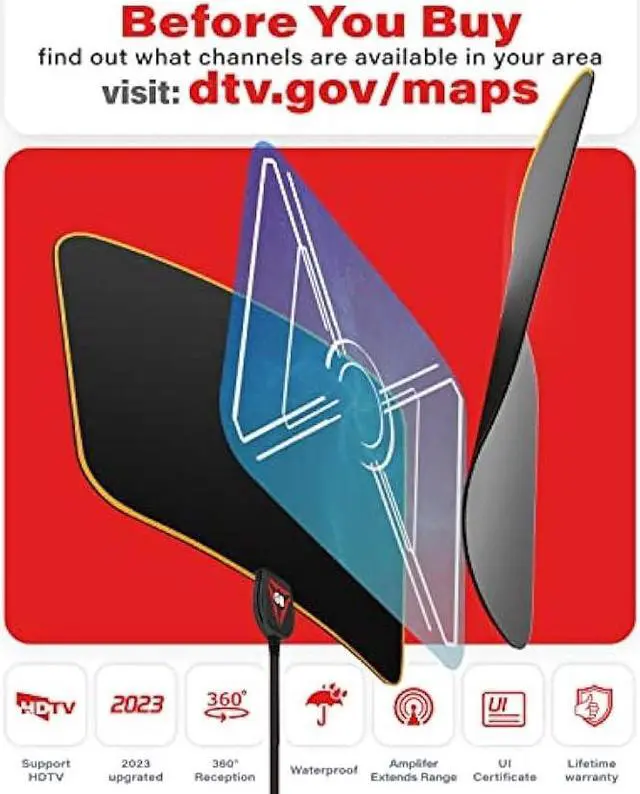 Alt view image 2 of 6 - 2023 Gesobyte Amplified HD Digital TV Antenna Long 250+ Miles Range - Support 4K 8K 1080p Fire tv Stick and All Older TV's - Indoor Smart Switch Signal Booster - 18ft HDTV Cable/AC Adapter