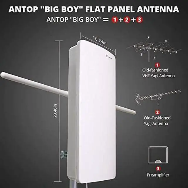 Alt view image 2 of 7 - ANTOP Outdoor/Indoor HDTV Antenna, Big Boy Series AT-400BV, Smartpass Amplifier, 85 Miles Range, UHF/VHF Range Enhanced, Support 4K 1080p