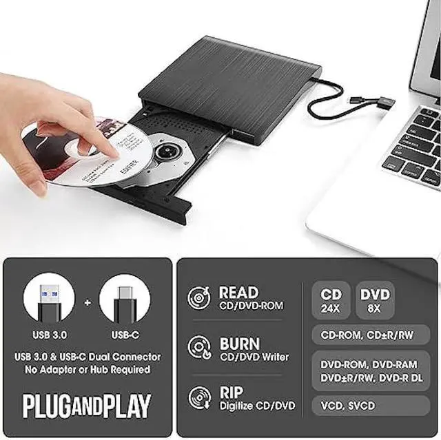 Alt view image 2 of 6 - ROOFULL External CD DVD +/-RW Drive USB 3.0 & USB-C ROM Disc Player Burner Reader Writer Optical Portable with Carrying Case for Laptop Mac MacBook Pro/Air, Windows 11/10/8/7, Linux PC