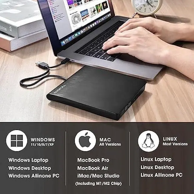 Alt view image 3 of 6 - ROOFULL External CD DVD +/-RW Drive USB 3.0 & USB-C ROM Disc Player Burner Reader Writer Optical Portable with Carrying Case for Laptop Mac MacBook Pro/Air, Windows 11/10/8/7, Linux PC