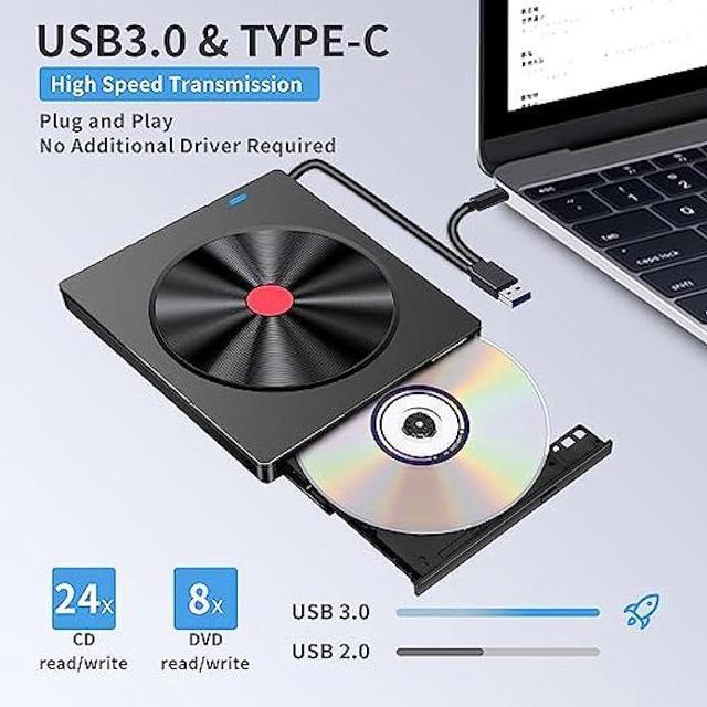 hyripe External CD/DVD Drive for Laptop, Ultra Slim USB 3.0 Type-C DVD  Player Portable CD +/-RW Disk Drive CD ROM Burner Reader Compatible with  Laptop