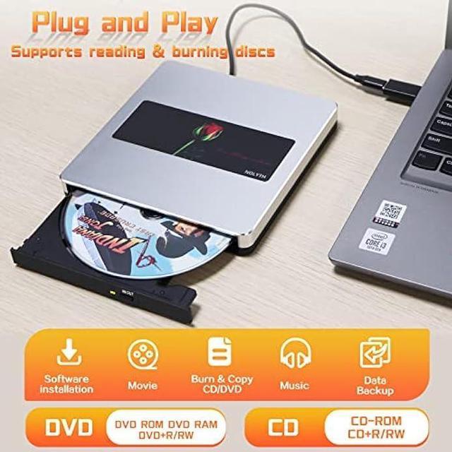 NOLYTH External CD DVD Drive USB 3.0 Portable Slot-in CD/DVD ROM Burner CD  DVD+/-RW Drive, Slim DVD Player for Laptop Reader Wirter Disk Drive MacBook
