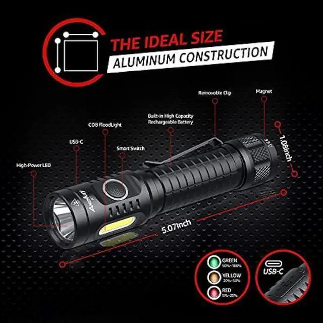 Alt view image 5 of 6 - axefury Flashlight, Rechargeable Magnetic LED Flashlight High Powered 1300 Lumens,Tactical LED Light Torch COB Work Light,9 Modes,IP67 Outdoor Gear A7