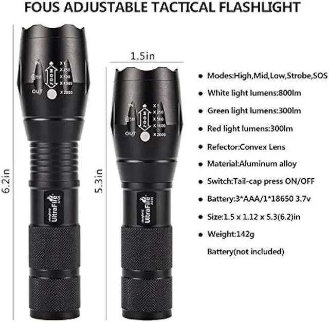 Alt view image 7 of 7 - ULTRAFIRE A100 Tactical LED 18650 Flashlight,800 Lumen Hunting Handheld Flashlight Focusable 3 Colors Exchange Glass Lens (Generate RED or Green Light)