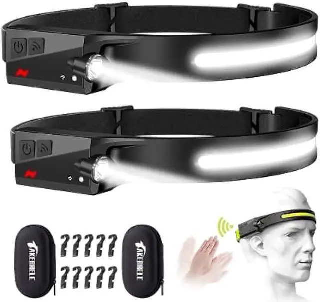 Main image of akerrelc 2 Rechargeable Headlamps, 1200 Lumens Max(in Strobe Mode), Up to 12 Hours Runtime, 10 Clips and 2 Cases, Waterproof Camping Gear for Hiking, Fishing, Cycling(Black)