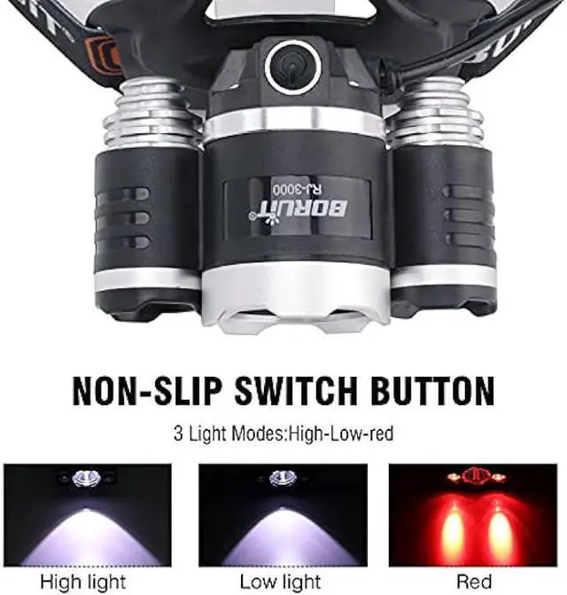 Alt view image 2 of 6 - BORUIT LED Headlamp Rechargeable - Ultra Bright 5000 Lumens 3 Lighting Modes White Red Light Head Lamp IPX4 Waterproof USB Headlight for Adults Outdoor Fishing Camping Hunting