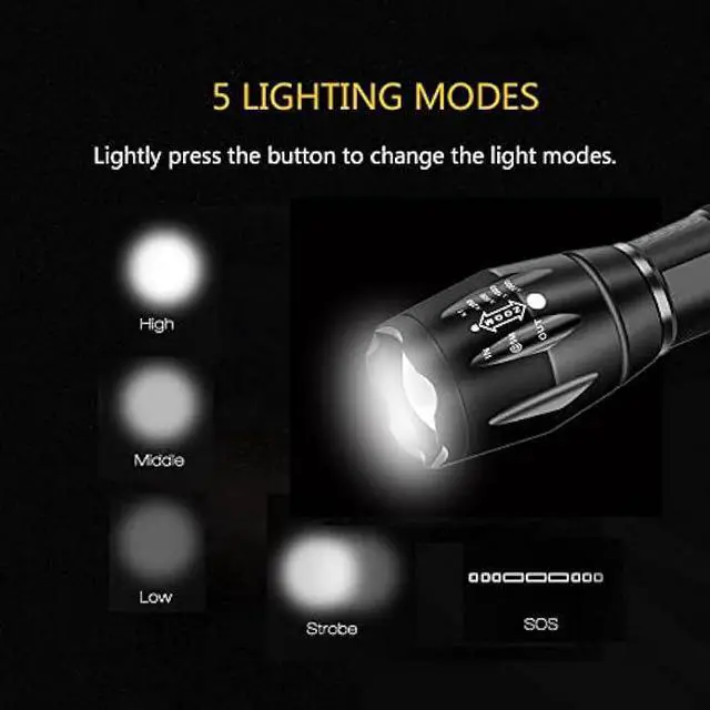 Alt view image 4 of 5 - Military Grade Flashlight 3000 Lumen 5 Modes Water Resistant LED Tactical Torch Flash Light, 2 Pack