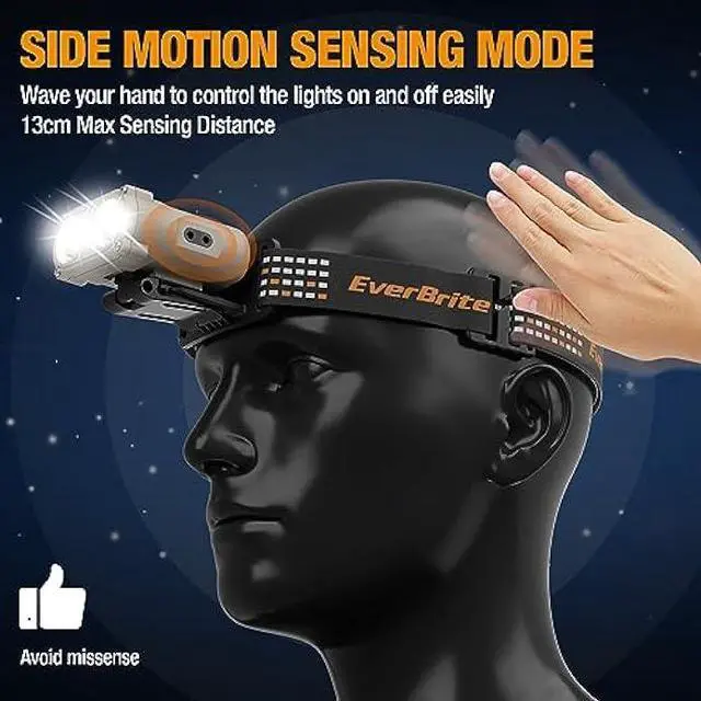 Alt view image 3 of 6 - EverBrite Headlamp Rechargeable with Motion Sensor, 3 Models LED Adjustable Head Lamp to Wear and Clip for Hard Hats, Outdoor Headlight with Red Light for Adults & Kids Camping, Hiking 1 Pack