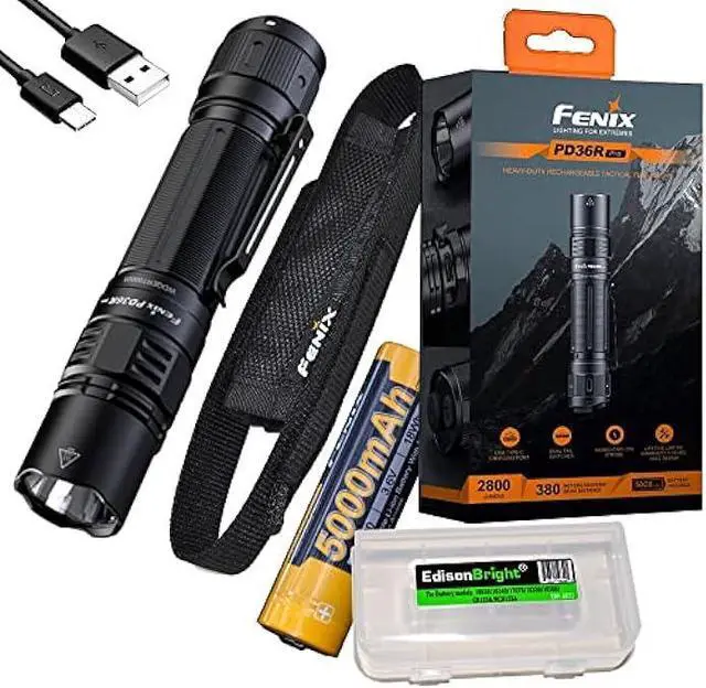 Main image of Fenix PD36R Pro 2800 Lumen USB Rechargeable LED Tactical Flashlight with EdisonBright Charging Cable Carry case Bundle