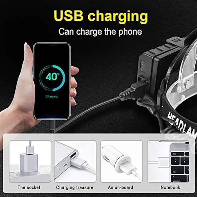 Alt view image 5 of 6 - Super Bright Headlamp, P70 LED Flashlight Headlamp, 20,000 Lumens High-Power Strong Headlamp 5 Modes USB Rechargeable Waterproof Headlamp Flashlight, with Mobile Power Function