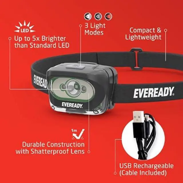Alt view image 2 of 7 - Rechargeable LED Headlamps by Eveready, Super Bright Water Resistant Head Lights for Running, Camping, Emergency, Outdoors (USB Cable Included)