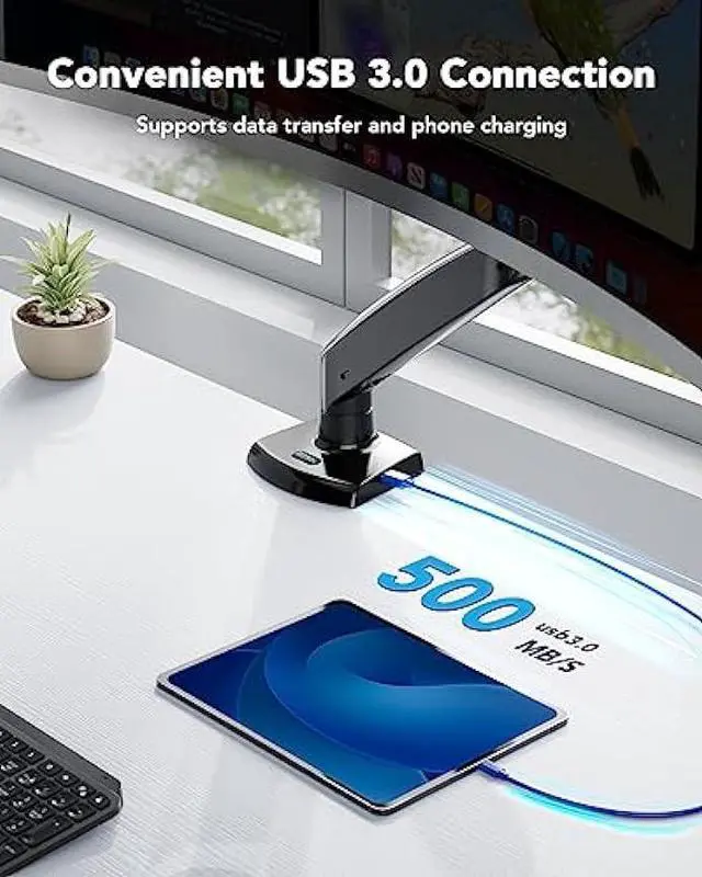 Alt view image 4 of 5 - HUANUO Single Monitor Arm for 40 inch Screens, Ultrawide Computer Monitor Mount Holds 26.48 lbs, Upgraded Adjustable Stand with USB, C-Clamp & Grommet Base, VESA 75x75 or 100x100mm