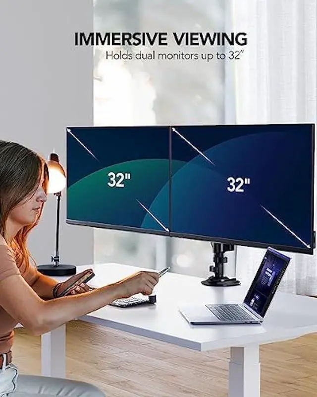 Alt view image 2 of 5 - HUANUO 13-32 Inch Dual Monitor Stand, Gas Spring Dual Monitor Mount, Monitor Stand 2 Monitors, Ergonomic Adjustable Tilt/Swivel/Rotate, Weight Max 20 lbs, VESA 75/100mm