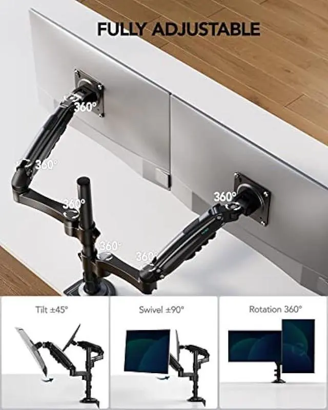 Alt view image 3 of 5 - HUANUO 13-32 Inch Dual Monitor Stand, Gas Spring Dual Monitor Mount, Monitor Stand 2 Monitors, Ergonomic Adjustable Tilt/Swivel/Rotate, Weight Max 20 lbs, VESA 75/100mm