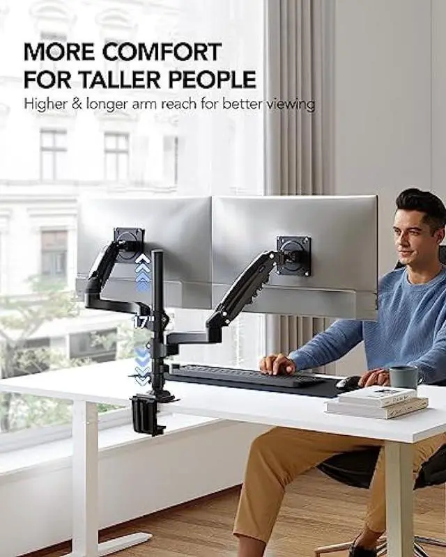 Alt view image 4 of 5 - HUANUO 13-32 Inch Dual Monitor Stand, Gas Spring Dual Monitor Mount, Monitor Stand 2 Monitors, Ergonomic Adjustable Tilt/Swivel/Rotate, Weight Max 20 lbs, VESA 75/100mm