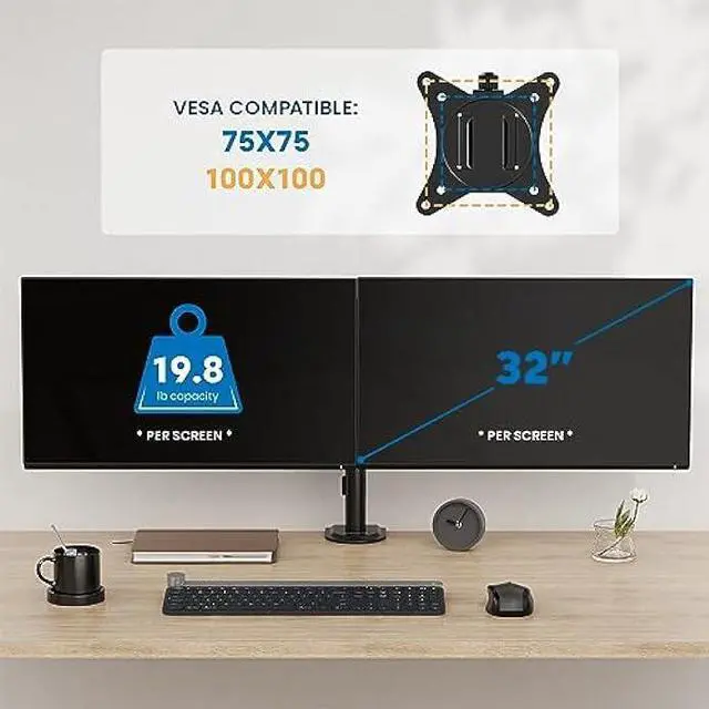 Alt view image 5 of 6 - Mount-It! Dual Monitor Desk Mount, Dual Monitor Arm Fits 2 Monitors max. 32 / 19.8 lbs, Full Motion Adjustment Monitor Mount with C-Clamp and Grommet, Swivel, Tilt, Rotation, VESA 75 & 100, Black
