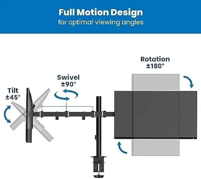 Alt view image 6 of 6 - Mount-It! Dual Monitor Desk Mount, Dual Monitor Arm Fits 2 Monitors max. 32 / 19.8 lbs, Full Motion Adjustment Monitor Mount with C-Clamp and Grommet, Swivel, Tilt, Rotation, VESA 75 & 100, Black