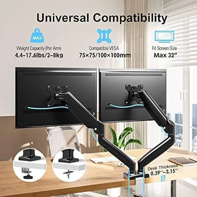 Alt view image 5 of 7 - ErgoFocus Dual Monitor Mount Fits 13 to 32 Inch Computer Screen, Dual Monitor Arm Hold up to 19.8lbs Each, Full Motion Monitor Desk Mounts for 2 Monitors, Gas Spring Monitor Stand, VESA Mount