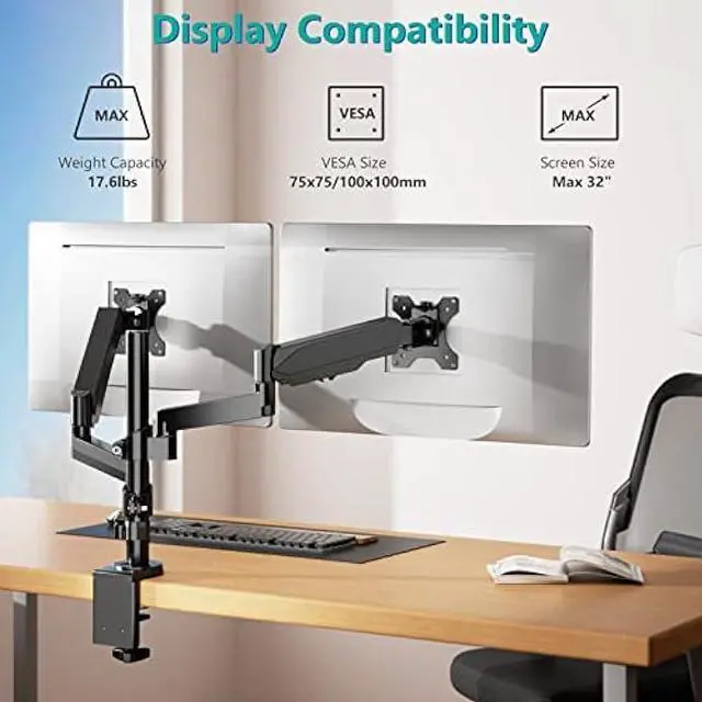 Alt view image 2 of 6 - WALI Dual Monitor Desk Mount, Gas Spring Mounts for 2 Monitors, up to 32 inch, 17.6lbs Weight Capacity, Adjustable Dual Monitor Stand up to 32 inch, 17.6lbs Weight Capacity (GSDM002), Black