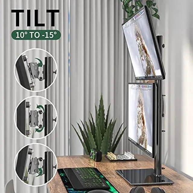 Alt view image 4 of 6 - Dual Monitor Stand - Vertical Stack Screen Free-Standing Desk Mount Arm Riser Fits Two 13 to 34 Inch Computer Monitors with Swivel, Tilt, Height Adjustable, VESA Stand 100 x 100mm, 75 x 75mm AX05TB02