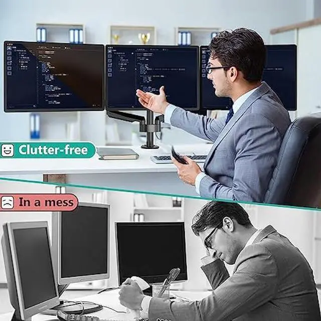 Alt view image 4 of 6 - WALI Triple Monitor Mount, 3 Monitor Stand Desk Mount with Premium Gas Spring Arm for Screens up to 27 inch, Mounting Holes 75x75 or 100x100 mm (GSDM003), Black