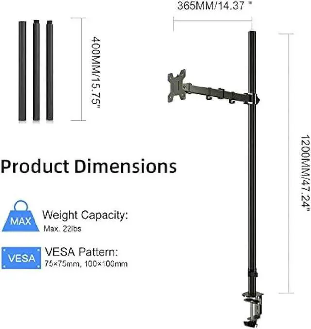 Alt view image 5 of 6 - Extra Tall Monitor Mount, Tall Monitor Mount, Tall Monitor Arm, Adjustable Monitor Arm, VESA Stand for 1 Screen, up to 47 inch Pole, Single Monitor Mount, Extra Long Single Monitor Stand