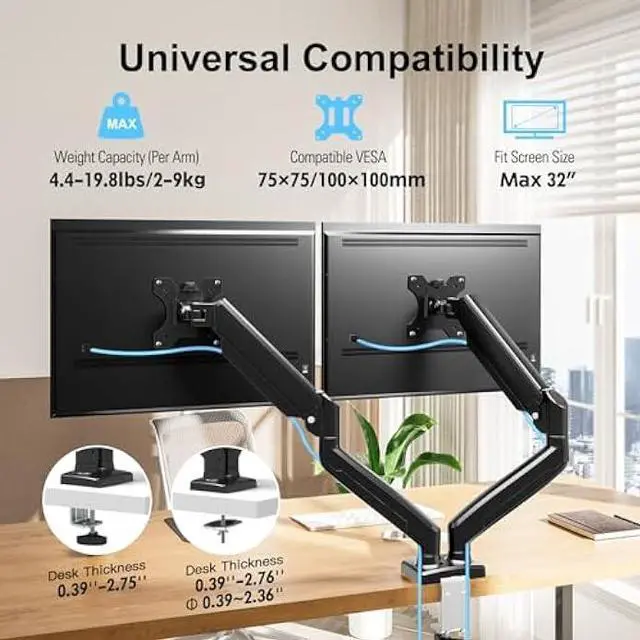 Alt view image 6 of 7 - ErgoFocus Dual Monitor Mount Fits 13 to 32 Inch Computer Screen, Dual Monitor Arm Hold up to 19.8lbs Each, Full Motion Monitor Desk Mounts for 2 Monitors, Gas Spring Monitor Stand, VESA Mount