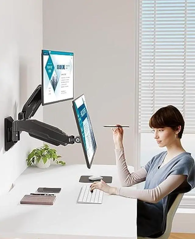 Alt view image 2 of 7 - MOUNT PRO Dual Monitor Wall Mount for 2 Computer Screen up to 32 Inch, Gas Spring Double Monitor Arm Holds Up to 17.6lbs Each, Full Motion Adjustable Wall Monitor Mount, VESA Mount 75x75/100x100