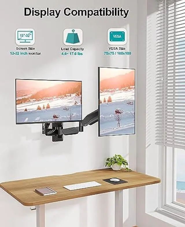 Alt view image 4 of 7 - MOUNT PRO Dual Monitor Wall Mount for 2 Computer Screen up to 32 Inch, Gas Spring Double Monitor Arm Holds Up to 17.6lbs Each, Full Motion Adjustable Wall Monitor Mount, VESA Mount 75x75/100x100