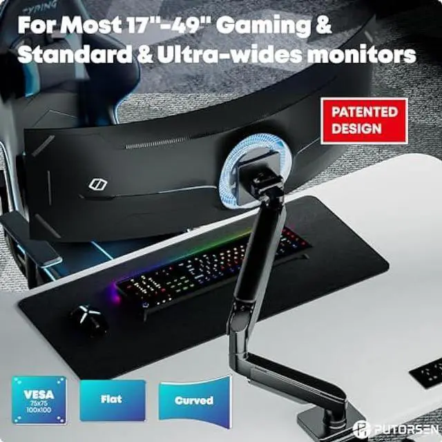 Alt view image 2 of 6 - PUTORSEN 17-49 inch Premium Aluminum Single Monitor Arm Desk Mount for Ultrawide Screens, Fully Adjustable Heavy Duty Monitor Arm for Working/Gaming, Two Mounting Option, Max Load 44lbs, VESA 75/100