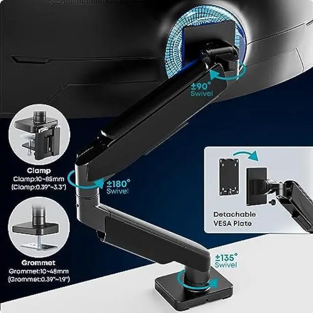 Alt view image 6 of 6 - PUTORSEN 17-49 inch Premium Aluminum Single Monitor Arm Desk Mount for Ultrawide Screens, Fully Adjustable Heavy Duty Monitor Arm for Working/Gaming, Two Mounting Option, Max Load 44lbs, VESA 75/100