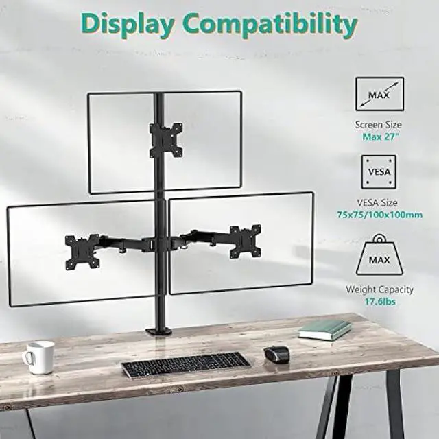 Alt view image 3 of 6 - WALI Triple Monitor Desk Mount, Fully Adjustable Three Monitor Stand Fits 3 Screens up to 27 inch, 22 lbs, Weight Capacity per Arm (M003), Black