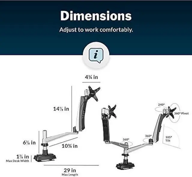 Alt view image 6 of 6 - Vari Dual Monitor Arm - VESA Monitor Mount w/ 360 Degree Adjustment - Monitors up to 27 inches, 19.8 lbs - Double Monitor Arms with Full Adjustability - Computer Monitor Stand for Home or Office