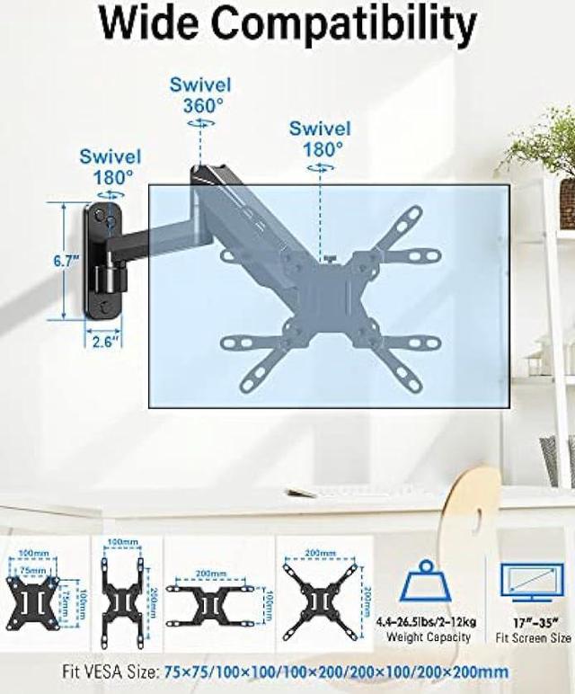 MOUNTUP Monitor Wall Mount for 17-35 Inch Computer Screen, Gas Spring  Single Monitor Arm with VESA Extension Kit for VESA 75x75, 100x100,  100x200, 200x100, 200x200, Support 4.4-26.5lbs Display, Black 