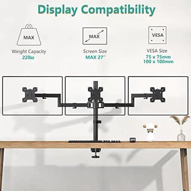 Alt view image 3 of 6 - WALI Triple LCD Monitor Desk Mount Fully Adjustable Horizontal Stand Fits 3 Screens up to 27 inch, 22 lbs. Weight Capacity per Arm (M003S), Black