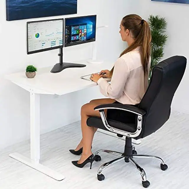 Alt view image 2 of 6 - Mount-It! Dual Monitor Stand | Double Monitor Desk Stand Fits Two x 21 22 23 24 27 28 30 32 Inch Computer Screens | Freestanding Base | 2 Heavy Duty Full Motion Adjustable Arms | VESA Compatible