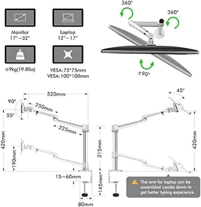 Alt view image 4 of 6 - Viozon Monitor and Laptop Mount, 2-in-1 Adjustable Dual Arm Desk Mounts Single Desk Arm Stand/Holder for 17 to 32 Inch LCD Computer Screens, Extra Tray Fits 12 to 17 inch Laptops (Silver)