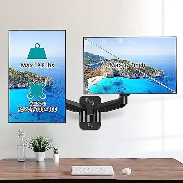 Alt view image 3 of 7 - ErgoFocus Dual Monitor Wall Mount for 13 to 32 Inch Computer Screens, Monitor Mounts for 2 Monitors Holds Up to 19.8lbs Each,Full Motion Gas Spring Monitor Arm with VESA 75x75/100x100