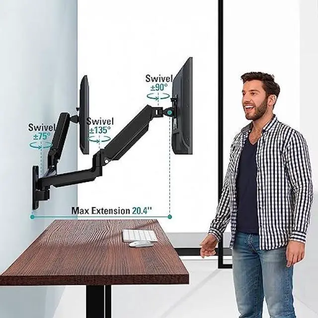 Alt view image 6 of 7 - ErgoFocus Dual Monitor Wall Mount for 13 to 32 Inch Computer Screens, Monitor Mounts for 2 Monitors Holds Up to 19.8lbs Each,Full Motion Gas Spring Monitor Arm with VESA 75x75/100x100