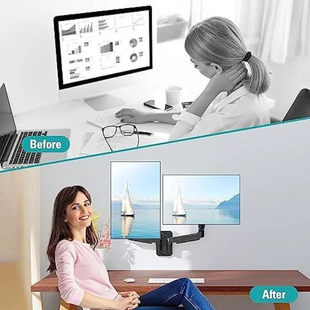 Alt view image 7 of 7 - ErgoFocus Dual Monitor Wall Mount for 13 to 32 Inch Computer Screens, Monitor Mounts for 2 Monitors Holds Up to 19.8lbs Each,Full Motion Gas Spring Monitor Arm with VESA 75x75/100x100