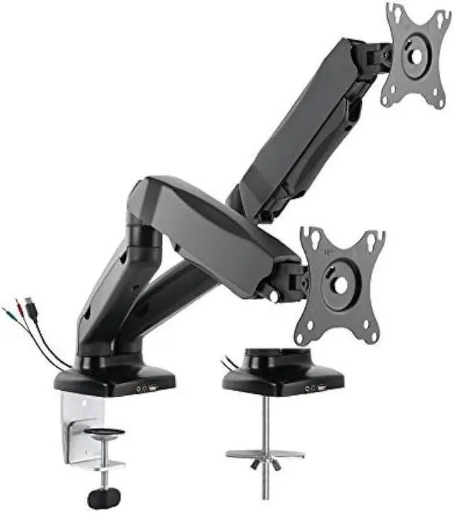 Main image of Rocelco Premium Double Monitor Desk Mount with USB 2.0 and Audio Port - Fits Dual 13 - 27 LED LCD Flat Screens - Pneumatic Full Motion Assist Adjustable Arm - Grommet and C Clamp - Black (R MA2)