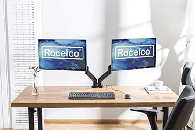 Alt view image 3 of 6 - Rocelco Premium Double Monitor Desk Mount with USB 2.0 and Audio Port - Fits Dual 13 - 27 LED LCD Flat Screens - Pneumatic Full Motion Assist Adjustable Arm - Grommet and C Clamp - Black (R MA2)