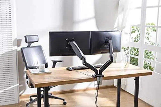 Alt view image 4 of 6 - Rocelco Premium Double Monitor Desk Mount with USB 2.0 and Audio Port - Fits Dual 13 - 27 LED LCD Flat Screens - Pneumatic Full Motion Assist Adjustable Arm - Grommet and C Clamp - Black (R MA2)